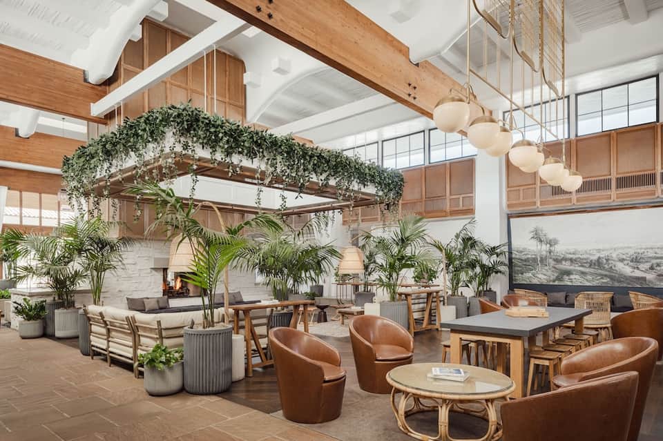 Modern hotel lobby with exposed wooden beams, hanging plants, leather seating, and natural lighting