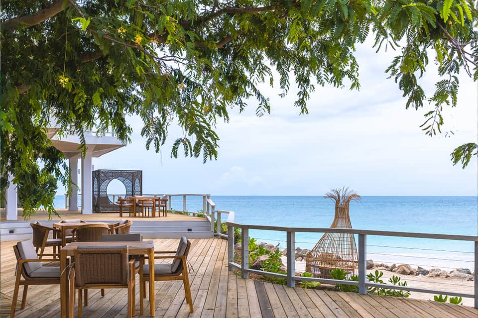Beachfront resort deck with wooden dining tables, lounge chairs, ocean views, and hanging vegetation overhead