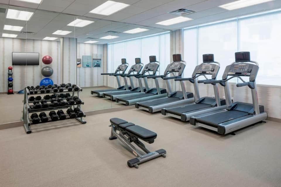 Bright fitness center with six treadmills, free weights, exercise balls, and floor-to-ceiling windows
