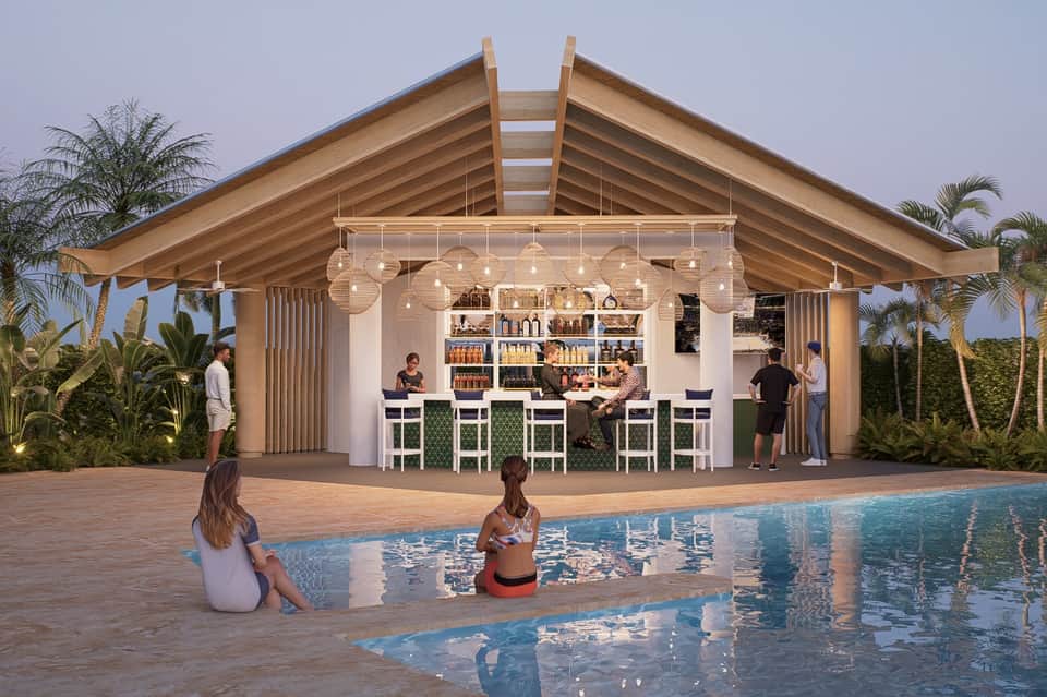 Modern resort pool bar pavilion with wooden beams, hanging pendant lights, bar seating, and tropical palm landscaping