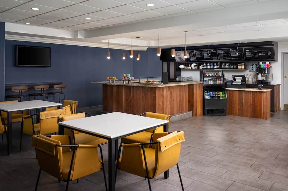 Modern café interior with navy walls, wooden counter, yellow chairs, and pendant lighting