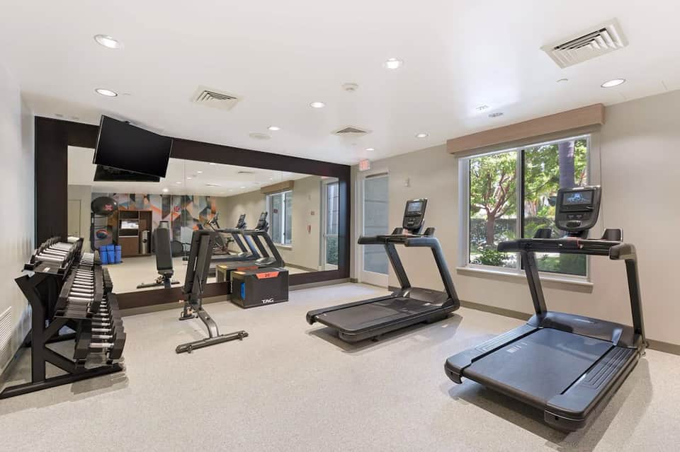 Bright fitness center with treadmills, stationary bikes, and dumbbells near windows