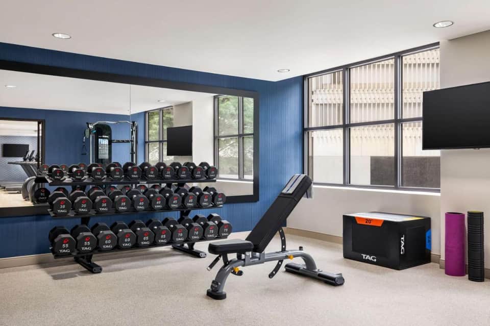 Contemporary fitness center with blue accent wall, dumbbell racks, and weight equipment