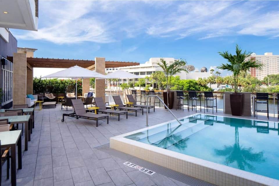 Resort rooftop pool with lounge chairs, white umbrellas, and waterfront city views