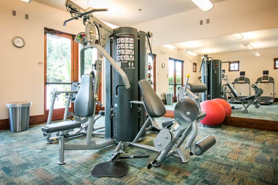 Fitness center with exercise equipment, cardio machines, mirrors, and natural light from windows