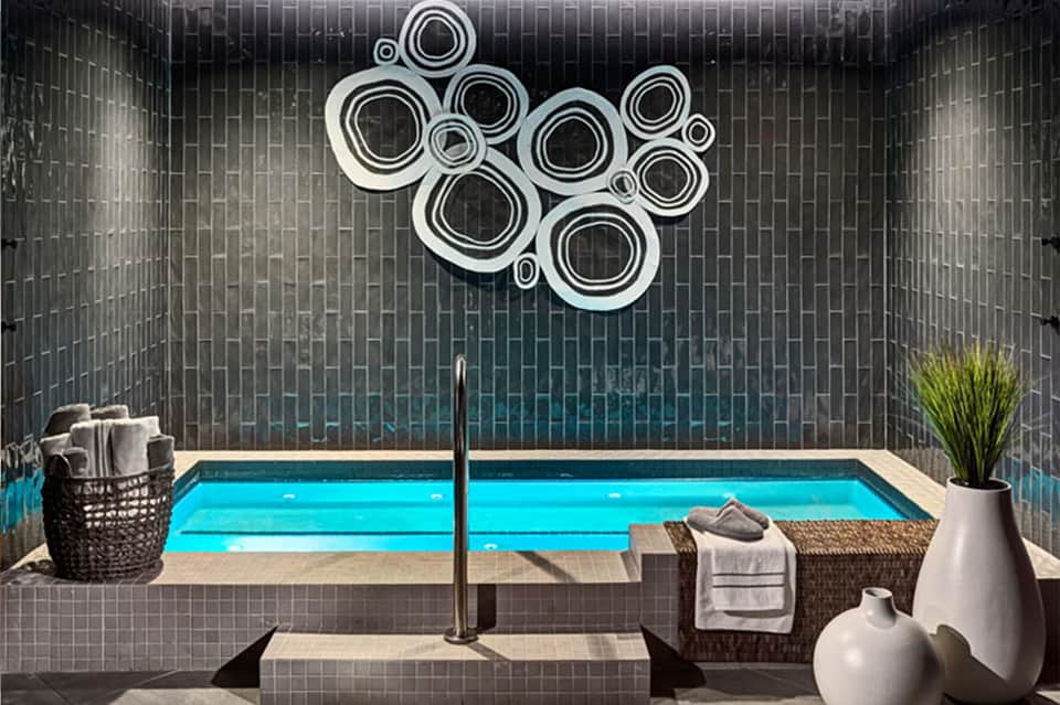 Modern spa treatment room with indoor lap pool and artistic wall installation