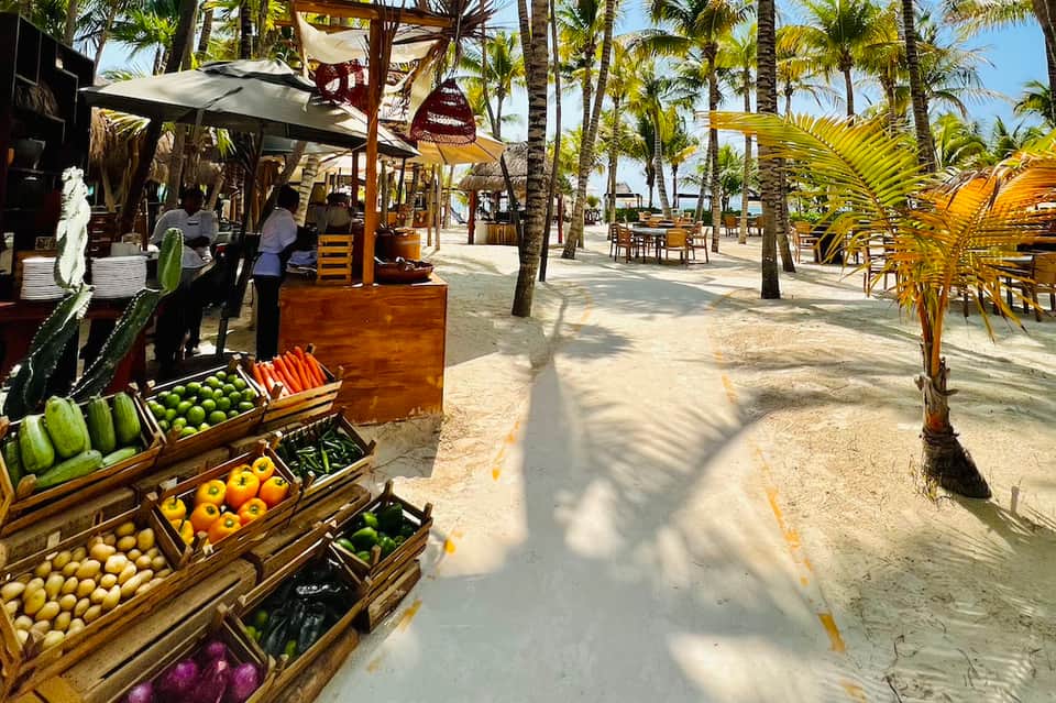 Tropical beach market with fresh produce displays, palm trees, sandy pathways, and wooden vendor stalls