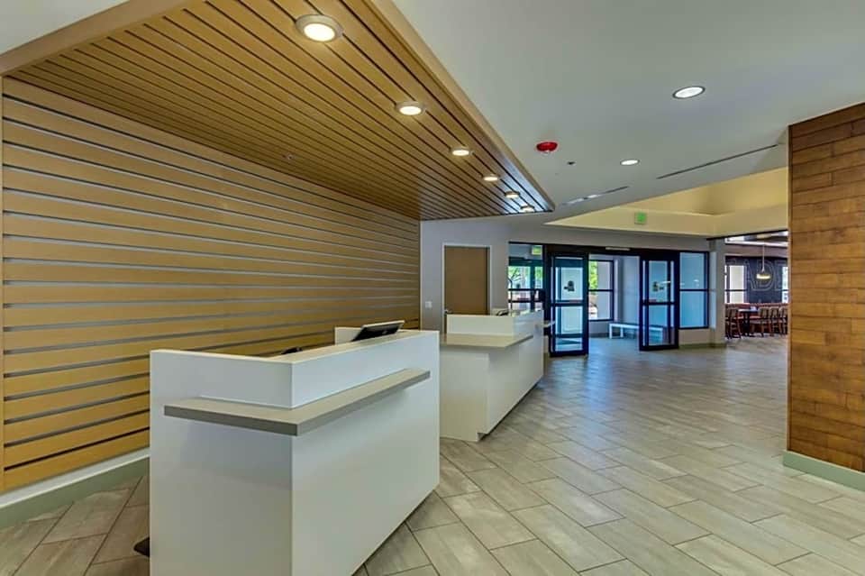 Modern hotel lobby with wood-slat accent wall, white reception desks, and glass doors opening outside