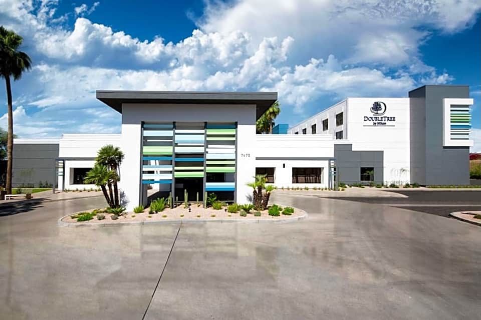 DoubleTree hotel exterior with contemporary white and gray architecture