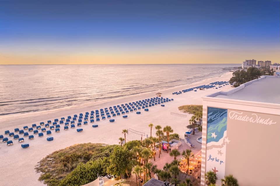 Beach resort with rows of blue loungers on sand, ocean view, palm trees, and beachfront building