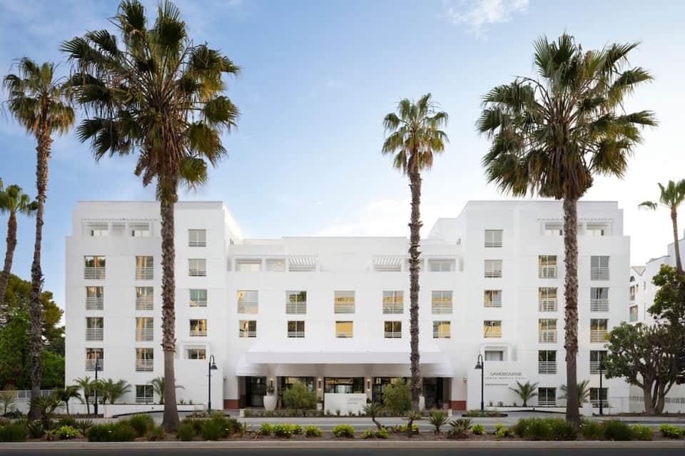 Modern white hotel building with palm trees and minimalist architecture on a tree-lined street