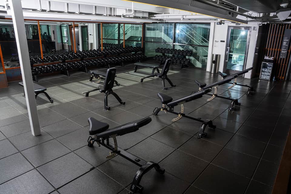 Modern fitness center with exercise bikes, benches, and dumbbells along glass windows