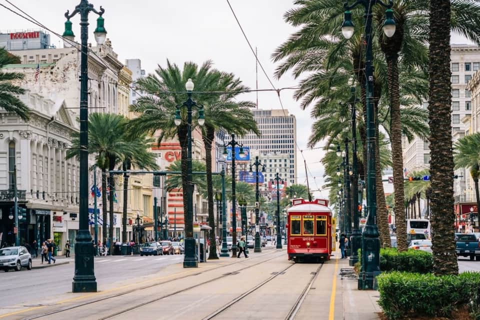 Historic street with palm trees, Victorian buildings, and red cable car