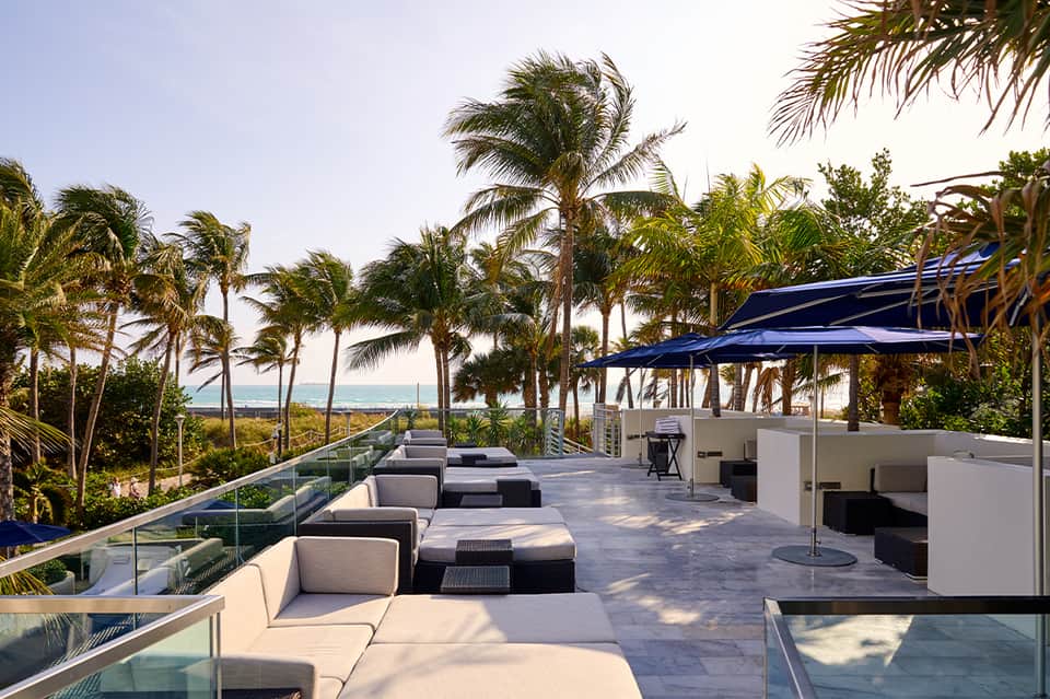 Rooftop lounge with lounge chairs, blue umbrellas, and ocean view surrounded by palm trees and glass railing