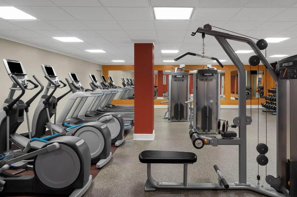 Gym interior with rows of elliptical machines, weight equipment, and red accent column