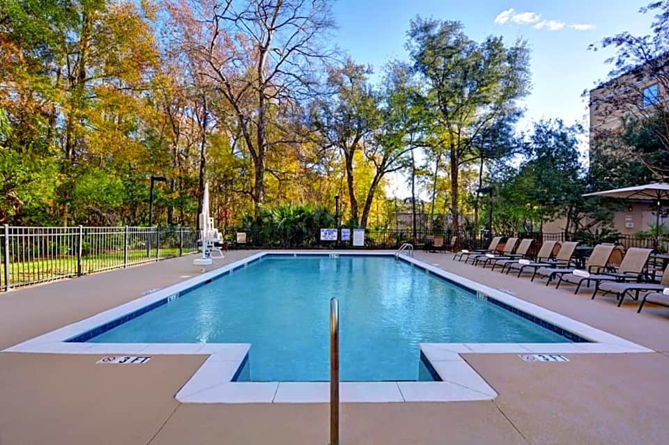 Long rectangular outdoor swimming pool with lounge chairs, metal fencing, and mature deciduous trees