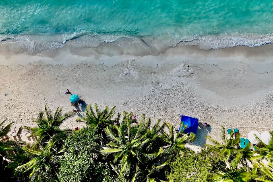 Aerial view of pristine white sandy beach with turquoise waves and palm tree vegetation in foreground