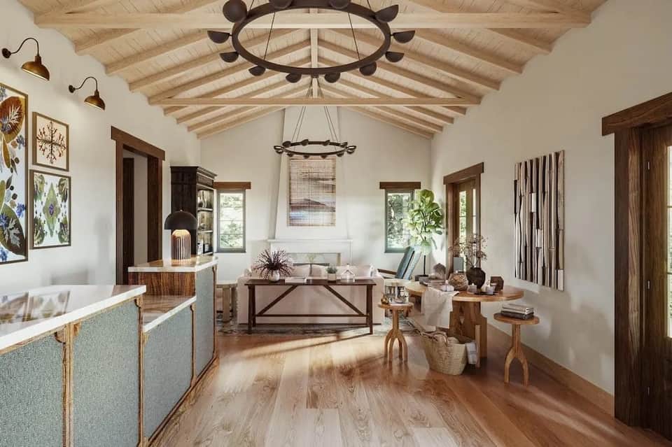 Modern spa treatment room with exposed beam ceiling and natural wood accents