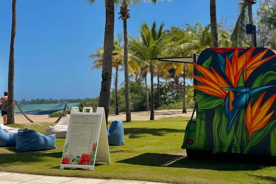 Colorful food truck on tropical beach with palm trees and ocean view