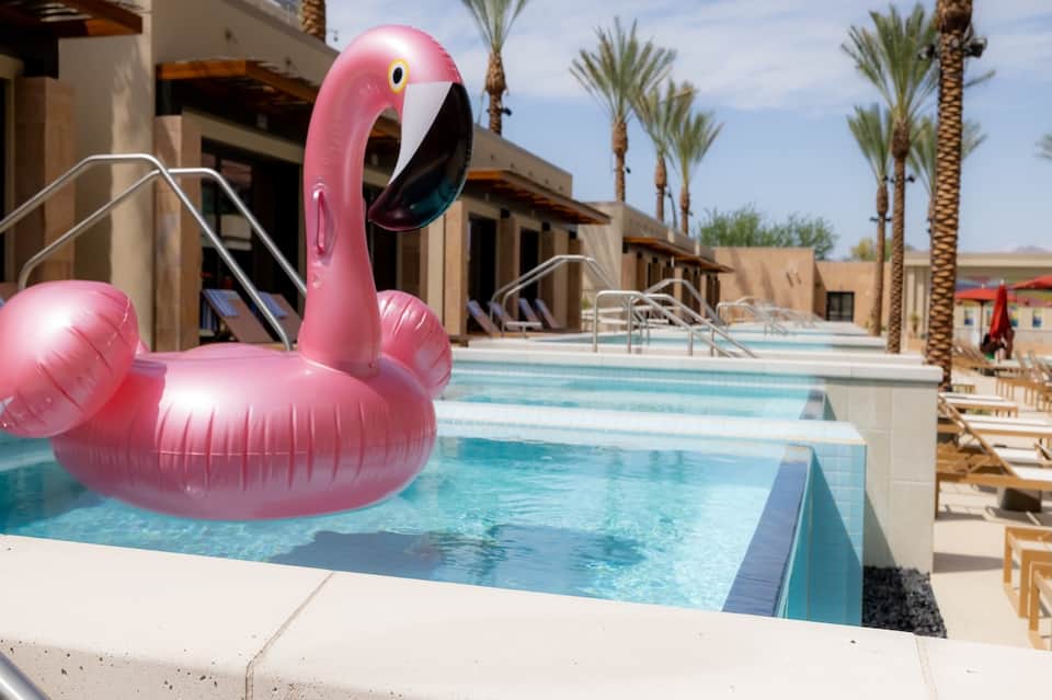 Resort pool with pink flamingo float, palm trees, and modern tan building architecture