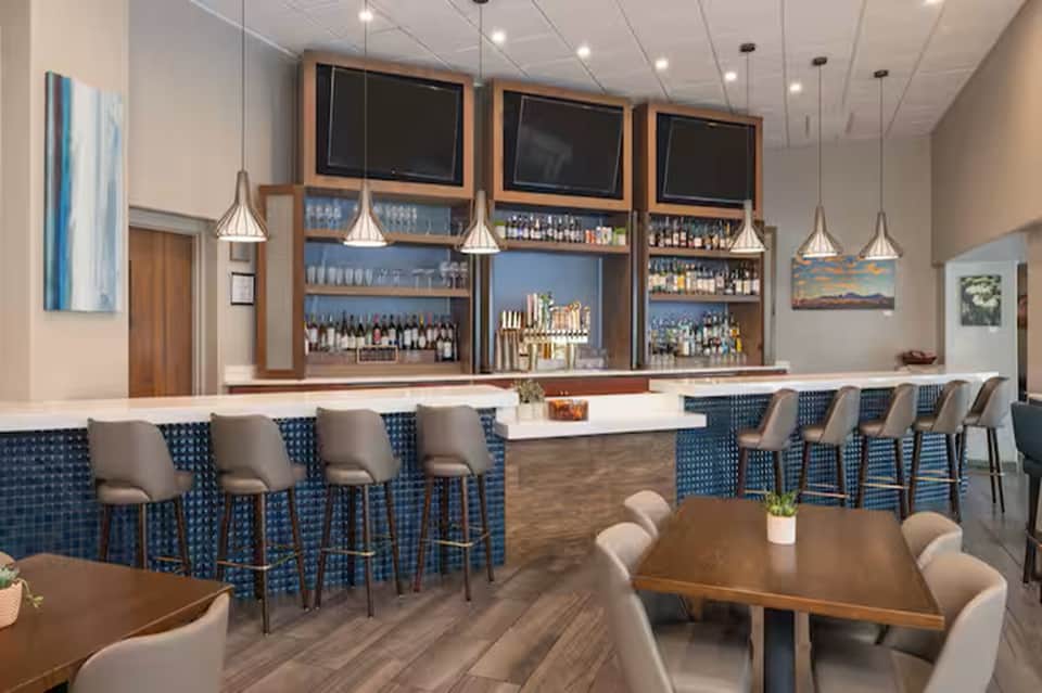 Contemporary hotel bar and lounge with blue patterned seating, wooden shelving, and pendant lighting