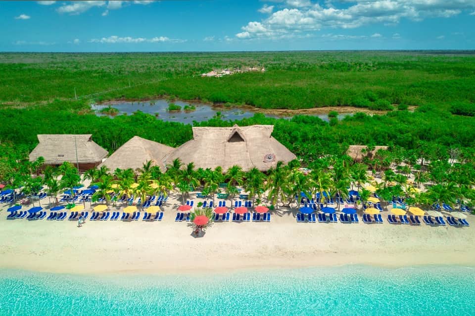 Beachfront resort with thatched-roof buildings and rows of blue loungers on sand