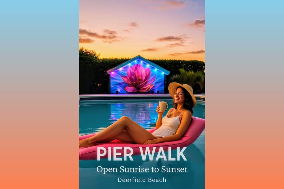 Woman poolside at sunset with glowing digital lotus flower display and forest backdrop