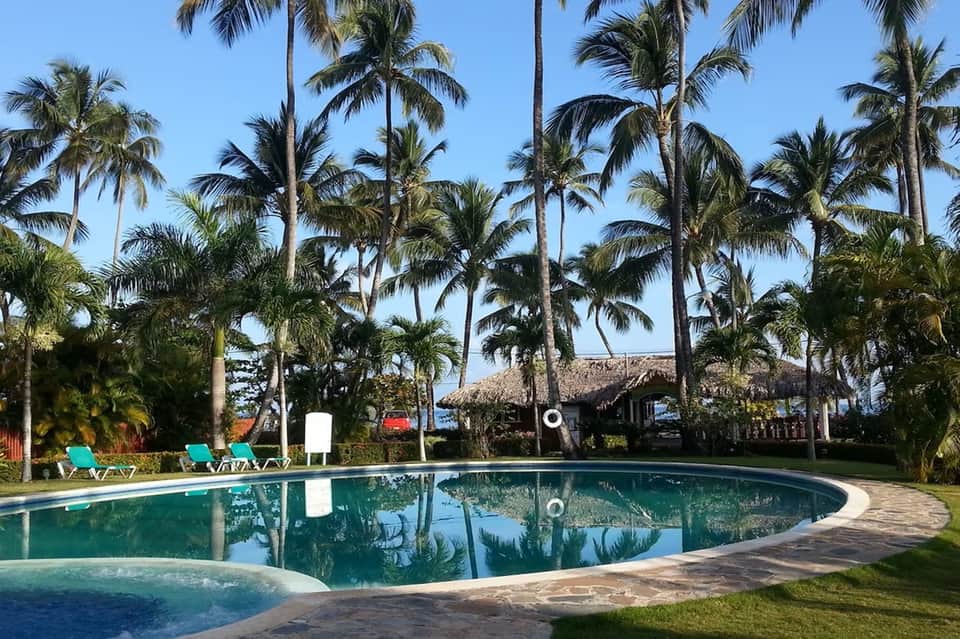 Oval resort pool surrounded by palm trees with tiki bar, lounge chairs, and ocean backdrop