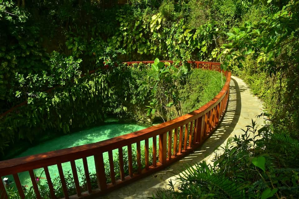 Wooden boardwalk path over crystal clear green water through dense tropical jungle
