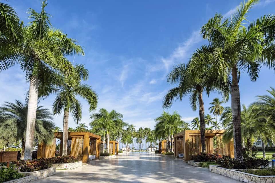 Elegant palm-lined promenade with wooden archways, manicured landscaping, and waterfront views