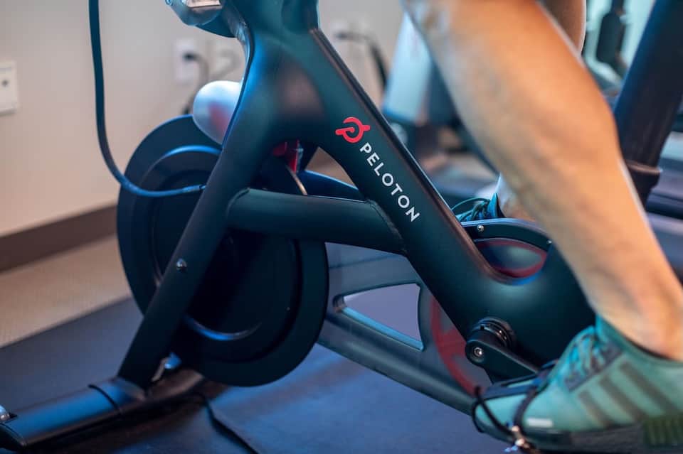 Close-up of Peloton stationary exercise bike in hotel fitness center