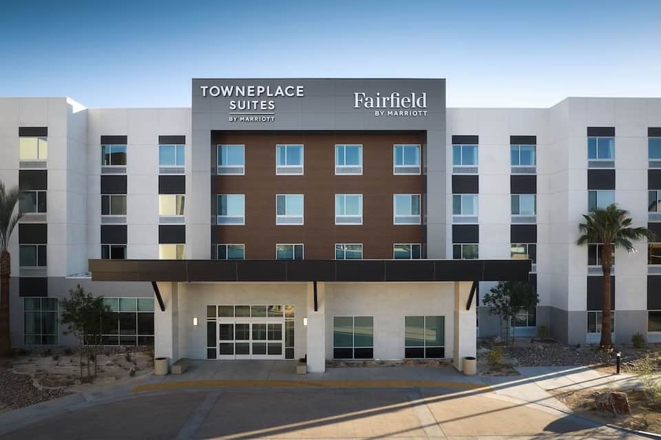 Modern Towneplace Suites and Fairfield by Marriott hotel exterior with contemporary architecture