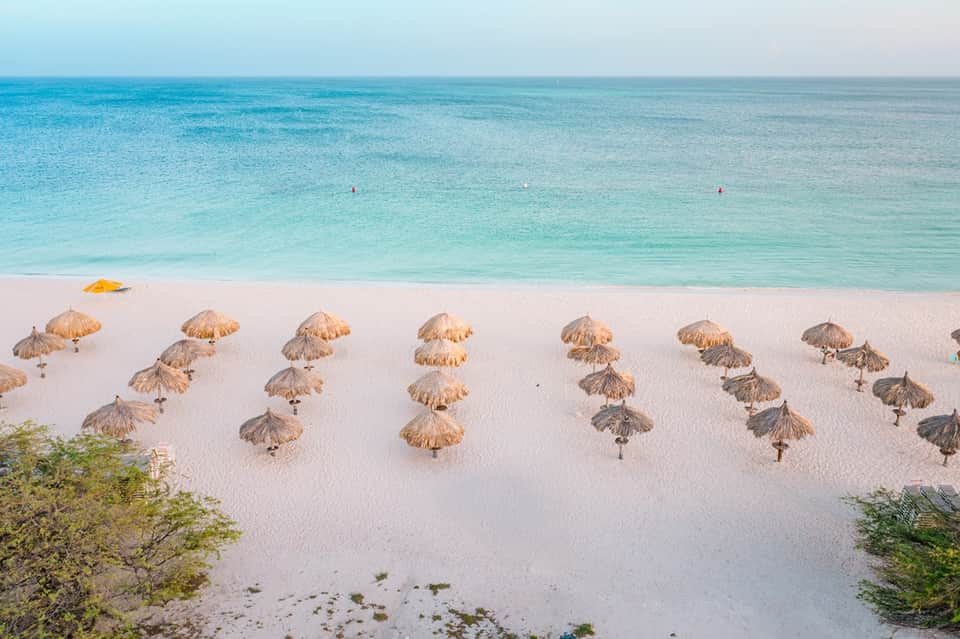 Aerial view of pristine beach with organized rows of thatched umbrellas and turquoise water