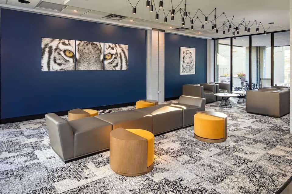 Modern lobby lounge with gray seating, yellow accents, tiger photography, and pendant lights