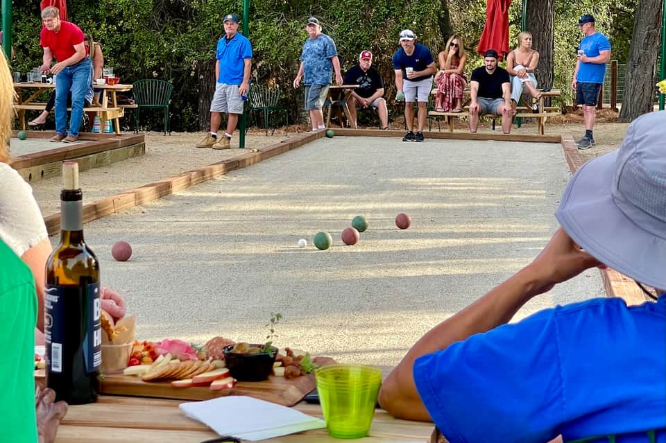 Outdoor bocce ball game with guests socializing, food, and drinks under trees