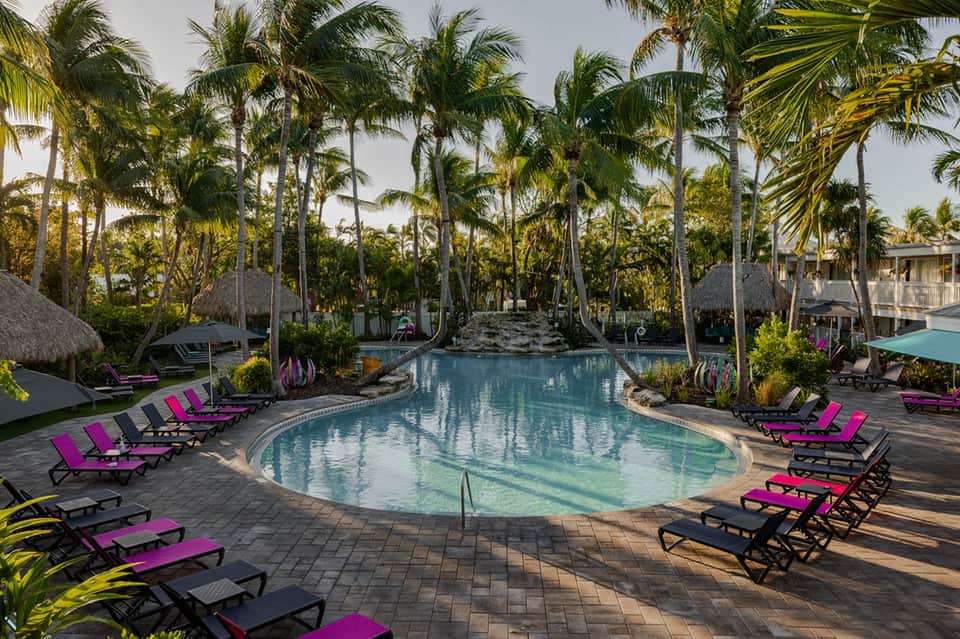 Tropical resort pool surrounded by palm trees, pink loungers, thatched structures, and lush landscaping