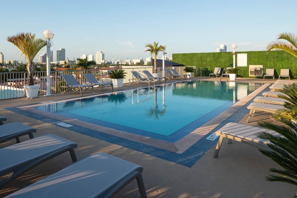 Resort rooftop pool with city skyline view, palm trees, and lounge chairs
