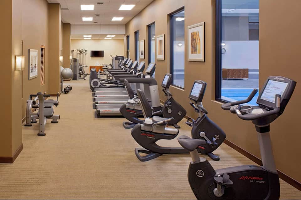 Modern fitness center with rows of stationary bikes and cardio equipment along windowed walls