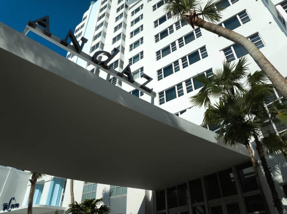 Modern hotel exterior with white facade, palm trees, and covered entrance walkway
