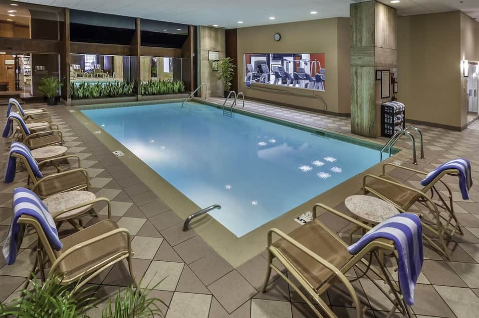 Indoor heated pool with tan loungers, blue cushions, windows overlooking patio, and contemporary design