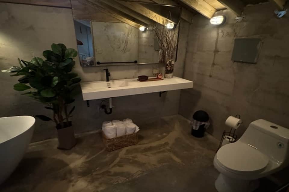 Modern bathroom with dual sinks, concrete flooring, mirrors, and minimalist design
