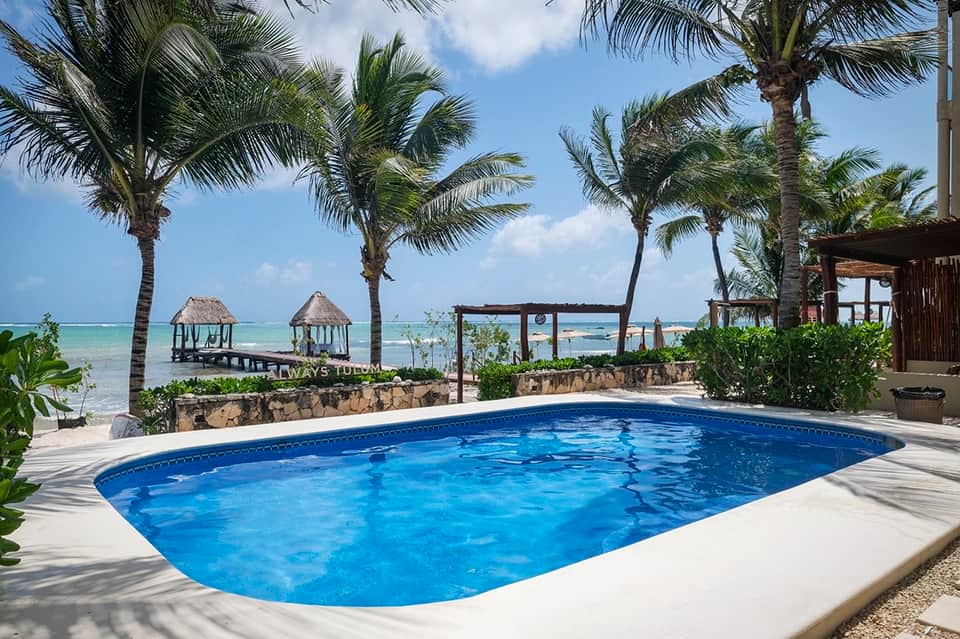 Beachfront resort pool with palm trees, ocean view, thatched cabanas, and tropical setting