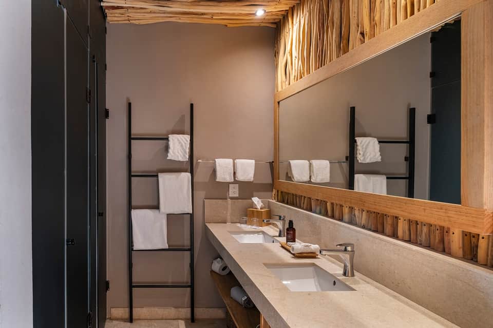 Luxe bathroom with dual vanity, wooden accents, ladder towel rack, and modern fixtures