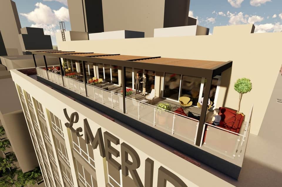 Architectural rendering of modern building rooftop terrace with dining area and glass railings