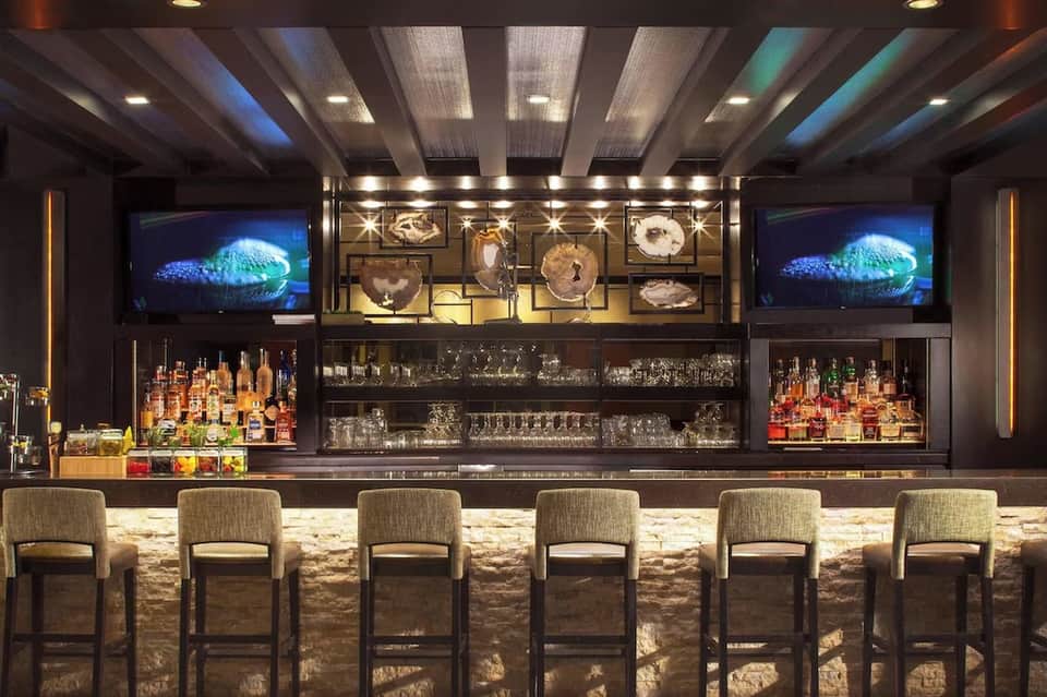 Sophisticated bar with stone accents, flat-screen displays, and premium liquor bottle collection
