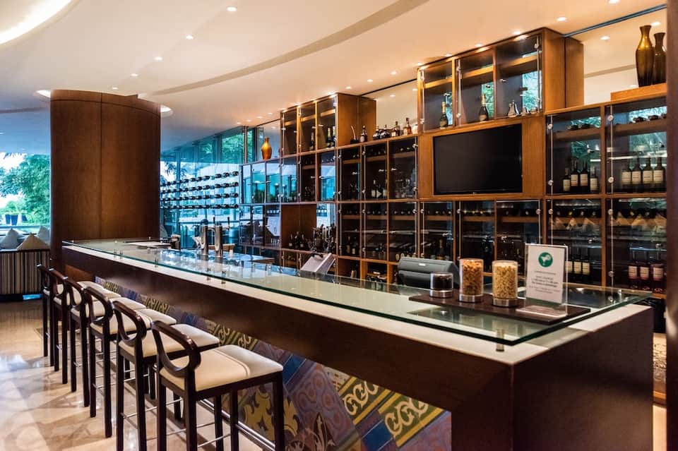 Upscale bar with glass shelving, dark wood cabinetry, and ocean-view windows