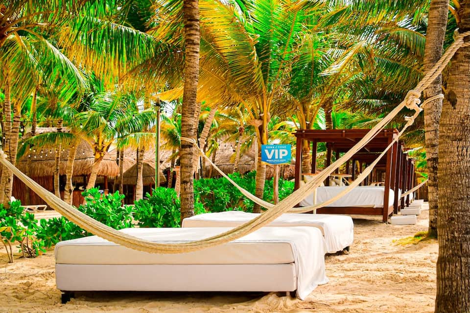 Beachfront hammocks with white cushions strung between palm trees and tiki huts