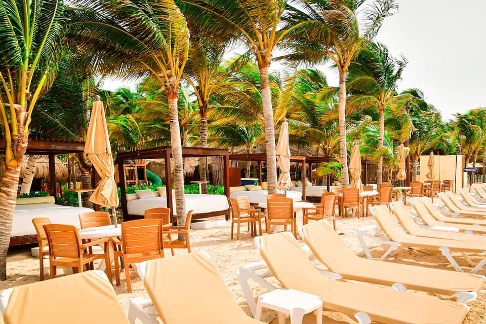 Tropical beach resort with cabanas, palm trees, white loungers, and thatched roofs