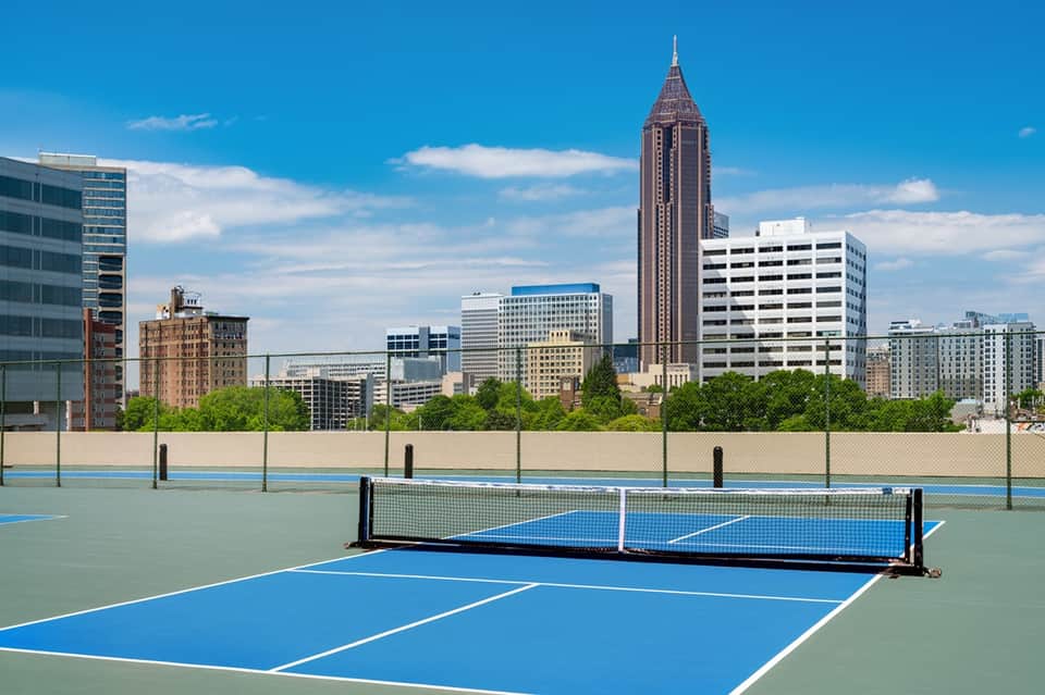 Urban rooftop tennis court overlooking city skyline with historic and modern buildings