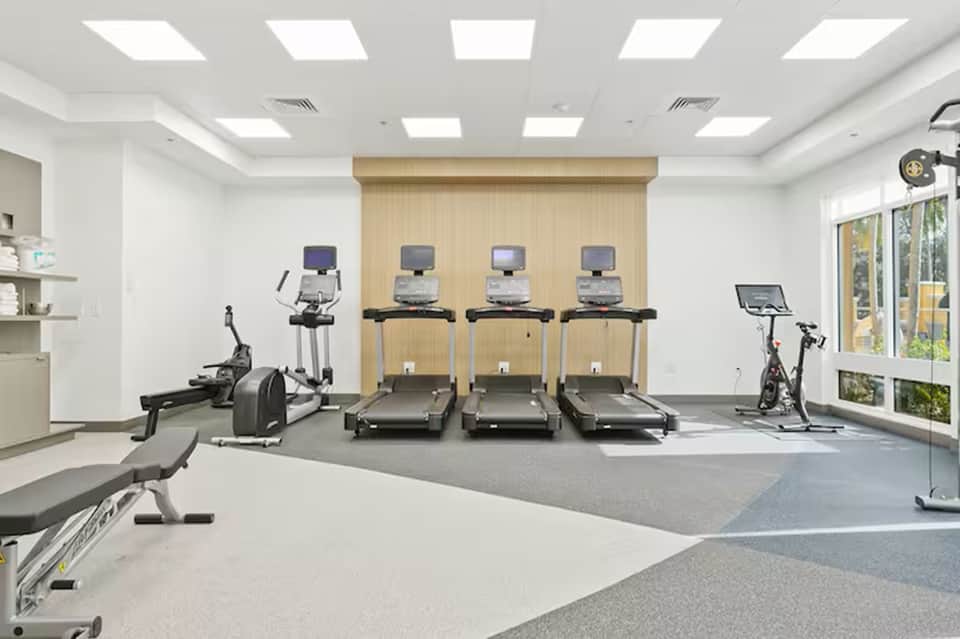 Modern fitness center with treadmills, elliptical machines, and bright skylights